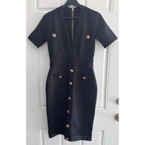 Unbranded Dresses & Skirts - Black Bandage Bodycon Dress Gold Lion Buttons V-Neck, L (see description)